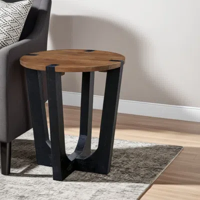 Hivvago Leyi Round Side End Table, Black Angled Legs, 22 Inch Brown Mango Wood In Black