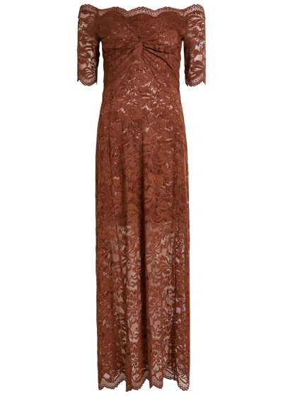 Rabanne Off-the-shoulder Brown Midi Dress With Twisted Knot Detail In Brown