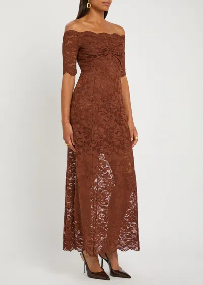 Rabanne Off-the-shoulder Brown Midi Dress With Twisted Knot Detail In Brown