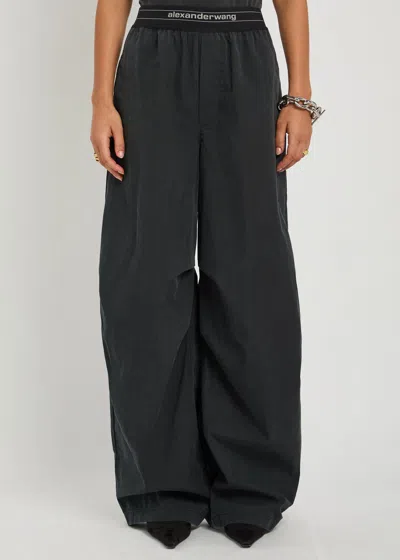 Alexander Wang Logo Gathered Wide-leg Trousers In Blue