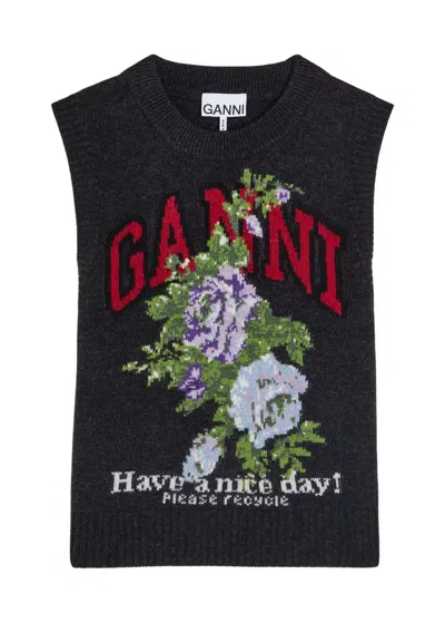 Ganni Flowers Grey Vest In Black