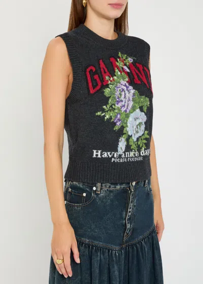 Ganni Flowers Grey Vest In Black