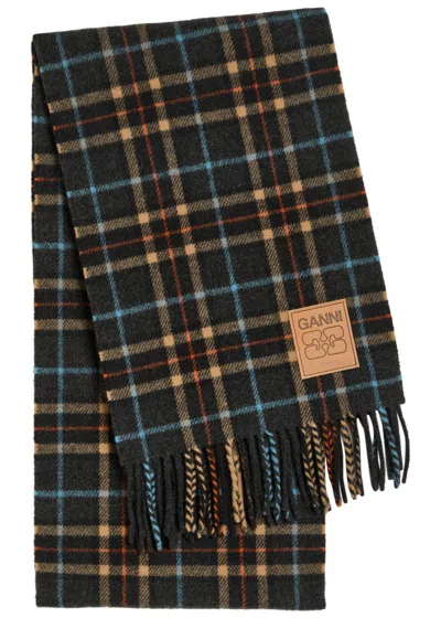 Ganni Fringed Plaid Pattern Scarf Accessory In Black