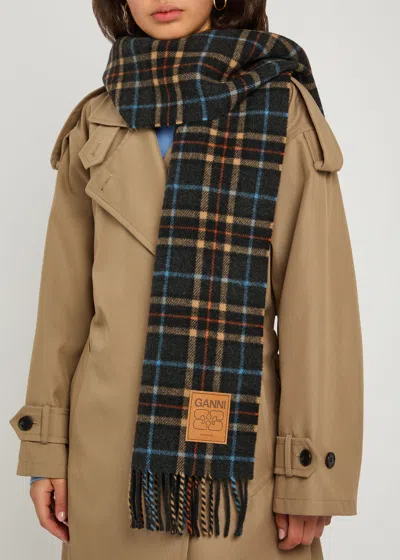 Ganni Fringed Plaid Pattern Scarf Accessory In Black