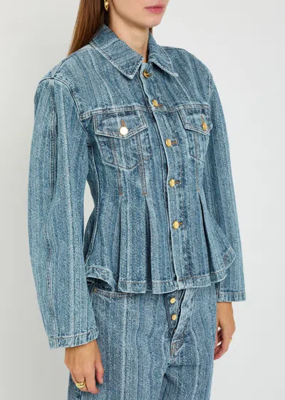 Ganni Striped Long Sleeve Collared Jacket In Blue