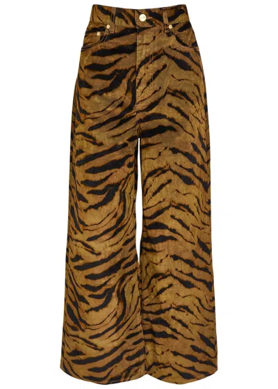 Ganni Zebra-print Cotton-blend Velveteen Wide-leg Pants In Brown