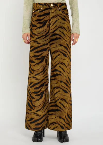 Ganni Zebra-print Cotton-blend Velveteen Wide-leg Pants In Brown