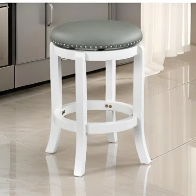 Hivvago Ovi 25 Inch Backless Swivel Counter Stool, Gray Faux Leather, Nailhead Trim In White