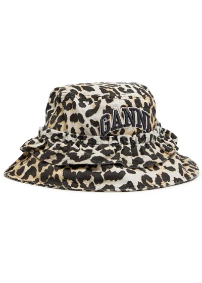Ganni Leopard Print Canvas Bucket Hat With Ruffled Detailing In Animal Print