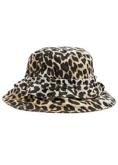 Ganni Leopard Print Canvas Bucket Hat With Ruffled Detailing In Animal Print