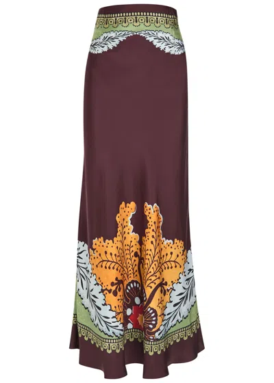 La Doublej La Double J Sleek Printed Silk-twill Midi Skirt In Brown