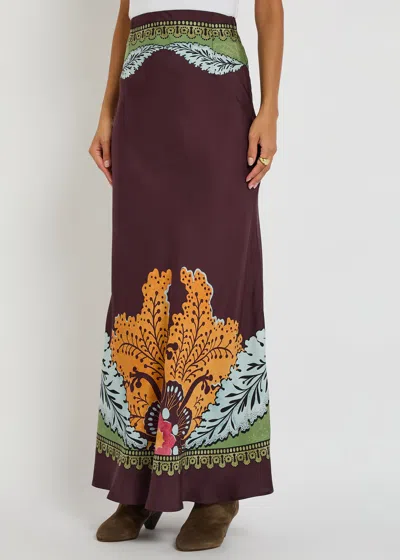 La Doublej La Double J Sleek Printed Silk-twill Midi Skirt In Brown