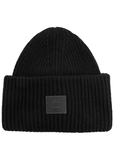 Acne Studios Casual Ribbed Knit Hat With Face Patch In Black