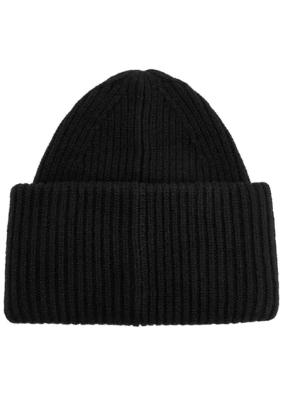 Acne Studios Casual Ribbed Knit Hat With Face Patch In Black