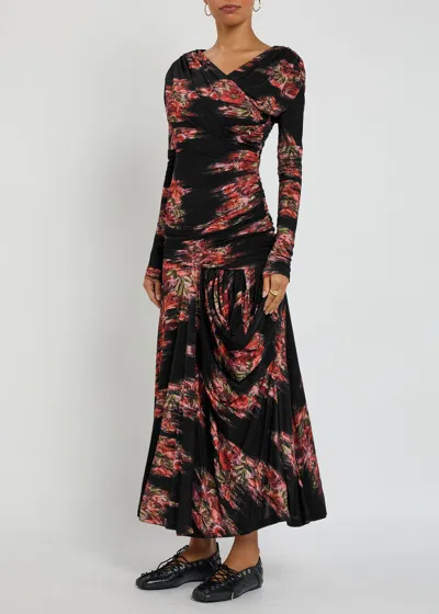 Ganni Self-portrait Midi Crochet Dress With Bows In Black