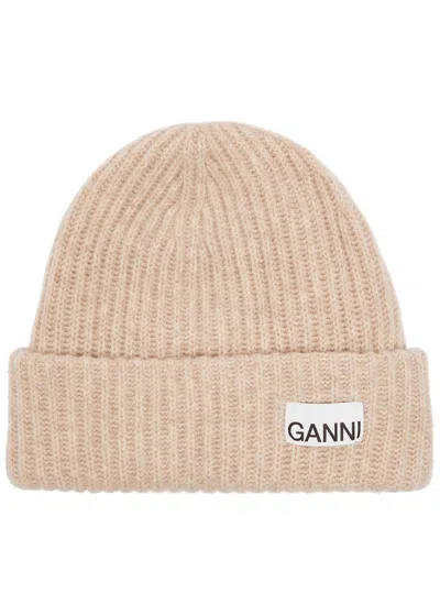 Ganni Beige Fisherman Rib Beanie With Logo Patch In Wool Blend Woman