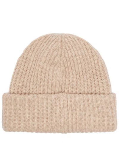 Ganni Beige Fisherman Rib Beanie With Logo Patch In Wool Blend Woman