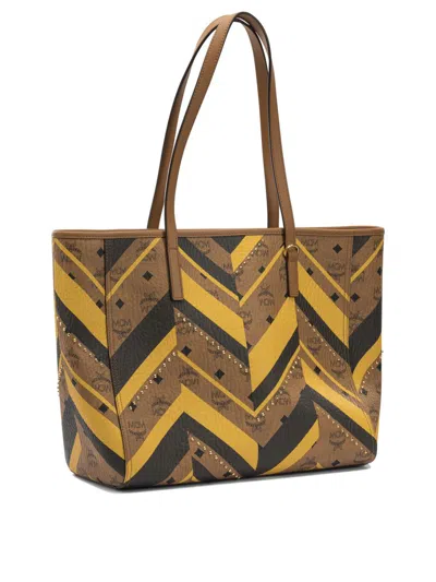 Mcm Chevron Pattern Tote Bag With Dual Handles In Brown