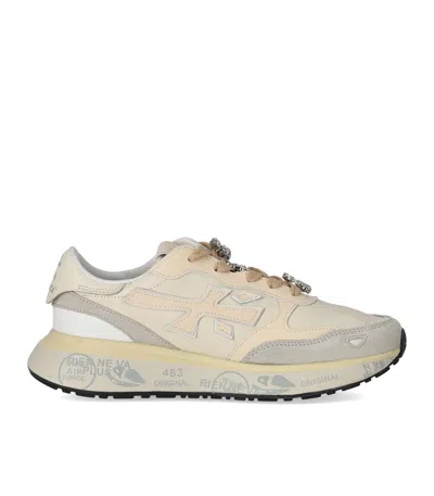 Premiata Light Beige Calf Leather Low-top Sneakers With Metallic Accents In Neutral