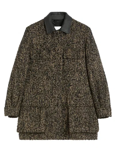 Max Mara Herringbone Pattern Wool Jacket With Leather Collar In Black