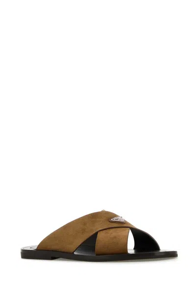 Prada Camel Suede Slippers In Brown