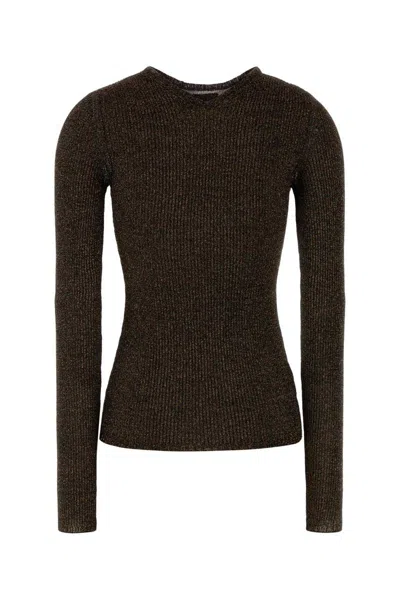 Miu Miu Long Sleeve Fitted Crew Neck T-shirt In Brown