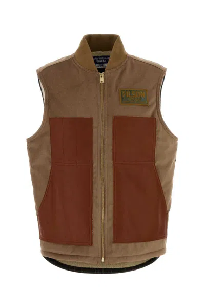 Junya Watanabe Sleeveless Jacket With Patch Pockets And Contrast Panels In Brown