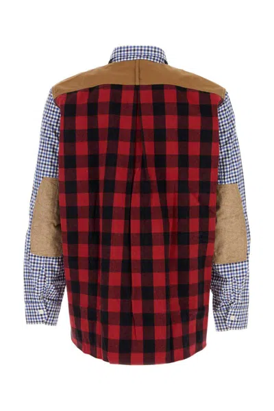 Junya Watanabe Cotton Shirt With Dual Pattern And Elbow Patches In Blue