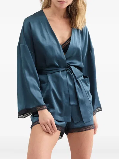 Eres Ondine Lace-trimmed Silk Robe In Blue