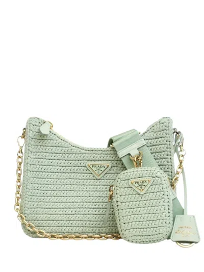 Pre-owned Prada 2019-2025 Yarn Effect Raffia Crochet Re Edition 2005 Satchel In Green