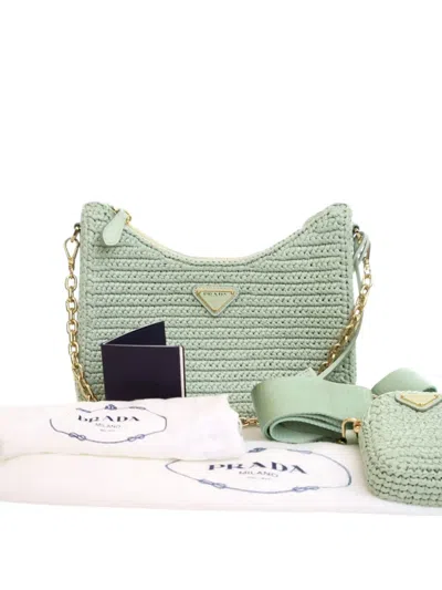 Pre-owned Prada 2019-2025 Yarn Effect Raffia Crochet Re Edition 2005 Satchel In Green