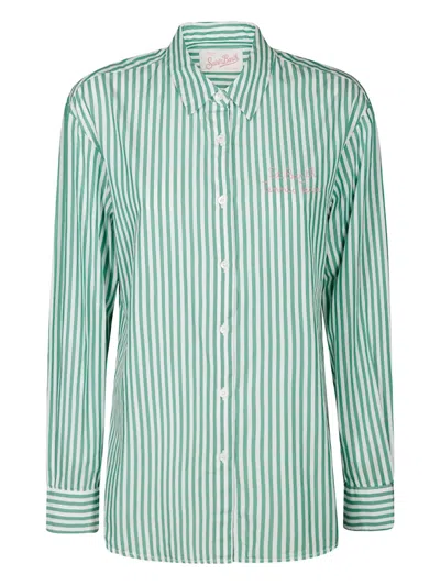 Mc2 Saint Barth Aqua Green Striped Shirt With Embroidered Details