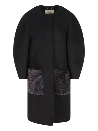 Fendi Women Black Crewneck Coat With Puffed Sleeves And Two Front Shearling Pockets In Wool Blend Wo In Black