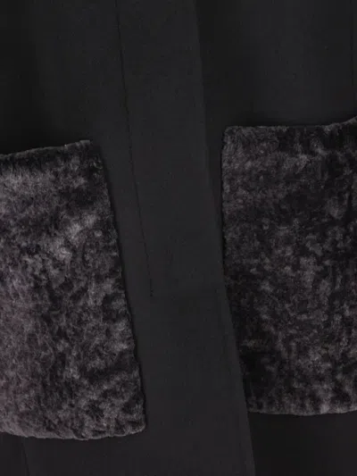 Fendi Women Black Crewneck Coat With Puffed Sleeves And Two Front Shearling Pockets In Wool Blend Wo In Black