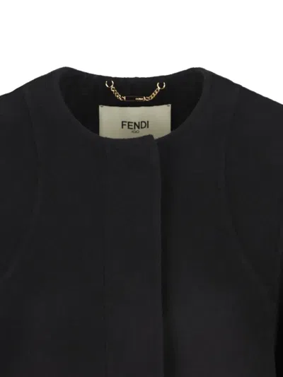 Fendi Women Black Crewneck Coat With Puffed Sleeves And Two Front Shearling Pockets In Wool Blend Wo In Black