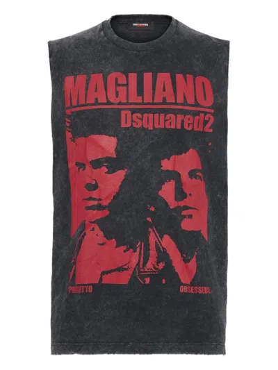 Dsquared2 D2 X Magliano Black Crew Neck Top With Logo Lettering And Front Print In Cotton Man In Multi
