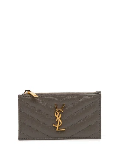 Pre-owned Saint Laurent 2022 Grain De Poudre Chevron Monogram Fragments Zippered Case Card Holder In Gray