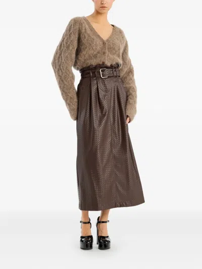 Rotate Birger Christensen Cropped Cardigan With Textured Cable Knit In Brown