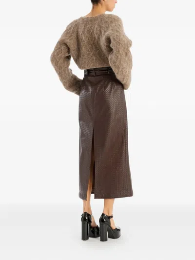 Rotate Birger Christensen Cropped Cardigan With Textured Cable Knit In Brown
