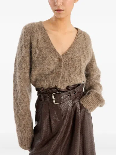 Rotate Birger Christensen Cropped Cardigan With Textured Cable Knit In Brown