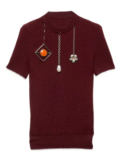 Prada Openwork Motif Wool Sweater With Pendants In Burgundy
