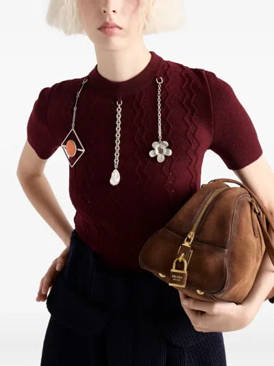Prada Openwork Motif Wool Sweater With Pendants In Burgundy