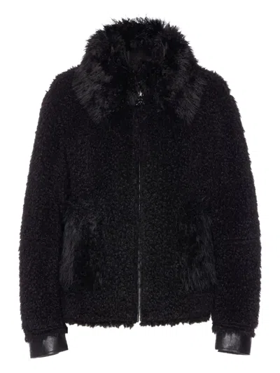 Patrizia Pepe Deep Green Reversible Short Fluffy Jacket In Black