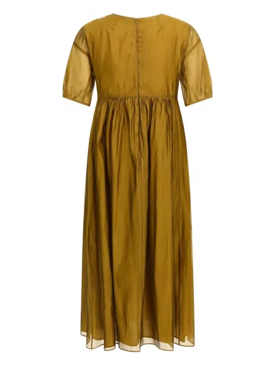 Max Mara Sheer Overlay Gathered Waist Dress In Brown