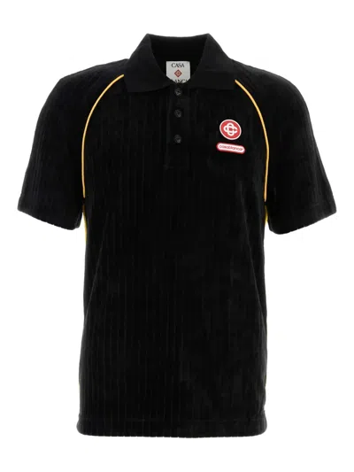 Casablanca Ribbed Collar Corduroy Polo Shirt With Short Sleeves In Black