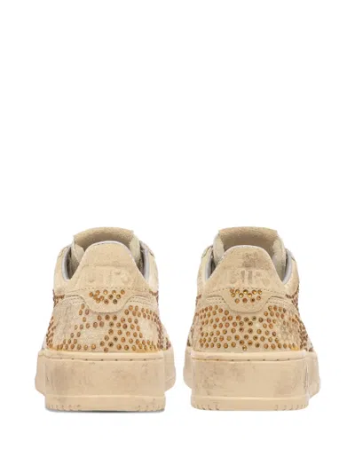 Autry Medalist Low Sneakers In Bronze Suede With Crystal Micro Rhinestones In Neutral