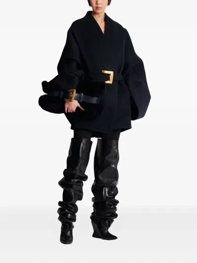 Balmain Wool-blend Oversized Wrap Coat In Black