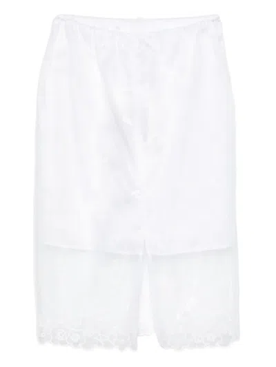 Cecilie Bahnsen Midi Skirt With Floral Embroidery And Back Slit In White
