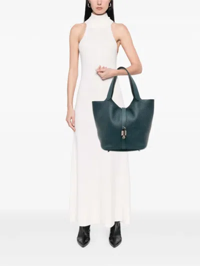 Pre-owned Hermes 2015 Clemence Picotin Lock 26 Handbag In Blue