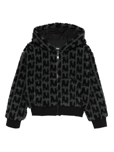 Msgm Monogram-pattern Zip-up Hoodie In Black